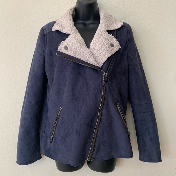 Leith Blue Faux Suede Sherpa Trim Moto Zip Jacket - Picture 5 of 15